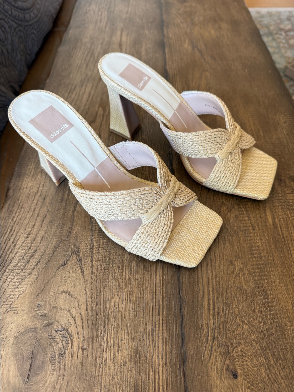 Dolce Vita Nitro Raffia Heeled Mule Sandals LT Natural Size 7 | Square Toe